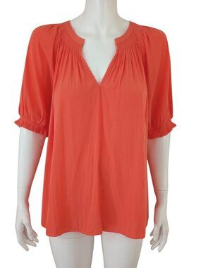 Current Air Orange Split Neck Top Elbow Sleeve Gathered Detail